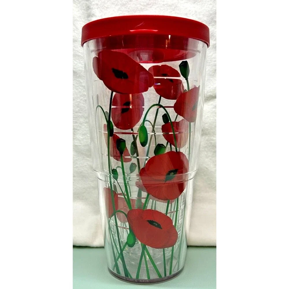 24 oz Tervis Tumbler with Red Lid and Red Poppies on Green Stems